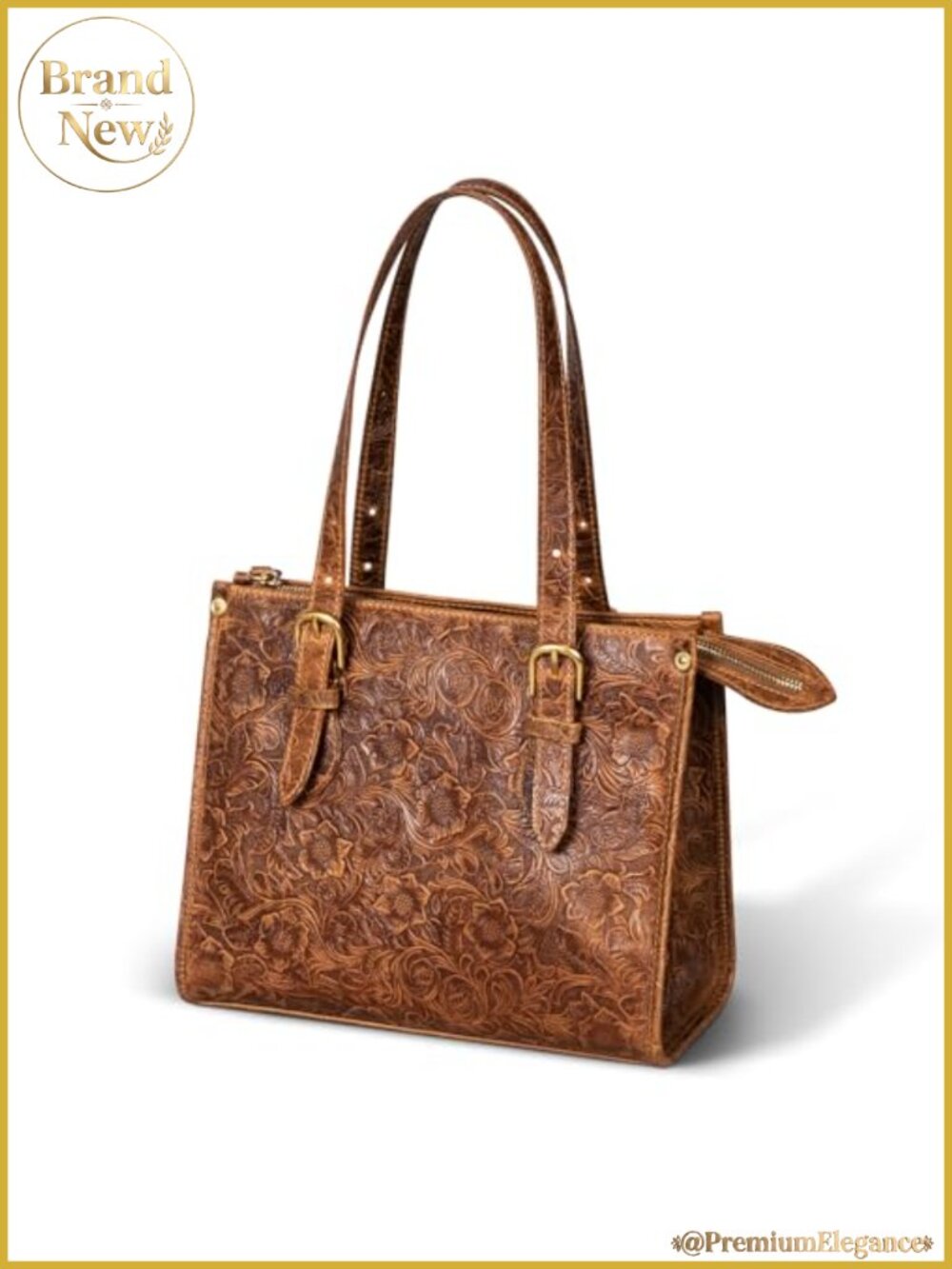 Genuine Leather Floral Tooling Tote Bag Women Work Shoulder Purse